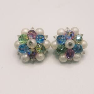 Vintage Round Cluster Earrings Faux Pearl Faceted Beads Pink Blue Fruit Salad